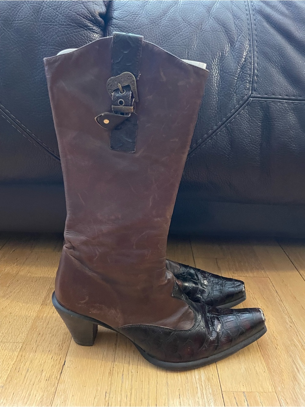 Brown Leather Mid-Calf Western Boot with Croc-Embossed Toe.